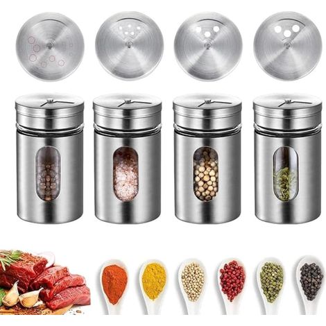 pots à épices ronds en acier inoxydable avec tailles de trous différentes pour sel poivre noir blanc sucre (1/5)