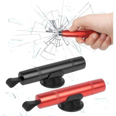 Marteau d'urgence et coupe-ceinture (lot de 2), compacts avec fixation adhésive, rouge et noir (1/4)