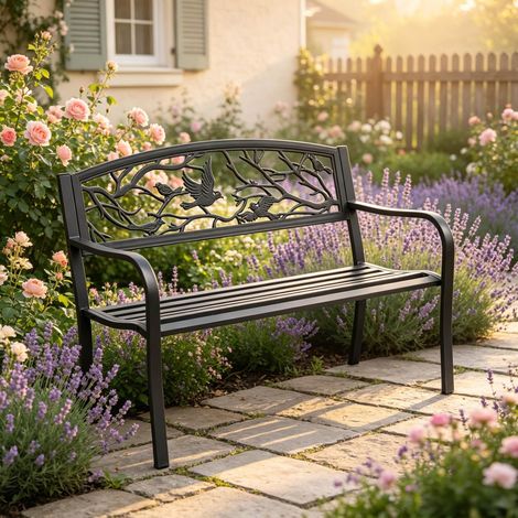 Banc de jardin en métal noir avec accoudoirs, dossier décoratif, 127 x 60 x 85 cm (1/5)