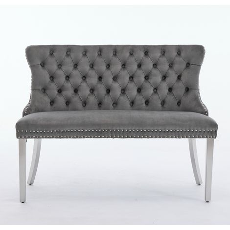 Banc double velours 2 places,touffé boutons handmade,dossier aileté,pieds acier inoxydable argenté,style Mid Century Modern,gris. (1/5)