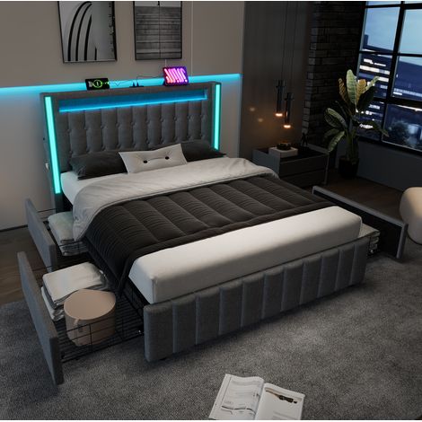 Cama tapizada de lino gris 140x200 cm con LED, USB-C y 4 cajones, somier de láminas incluido (1/5)