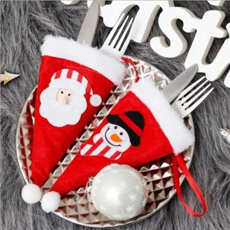 Porte-Couverts - Décoration de Noël - 10 Pcs - Tissu non tissé - Motif Père Noël et Bonhomme de Neige - Rouge (1/4)