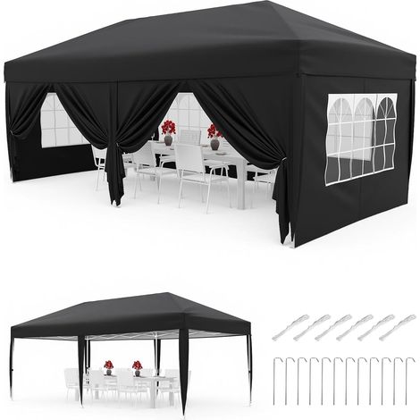 Oxford 420D Gazebo Pliant en Tissu, 6 Panneaux Latéraux, Protection UV 50+, 3 Positions de Hauteur Réglables, Sac de Rangement, Imperméable et Robuste, 3x6m(Noir) (1/5)