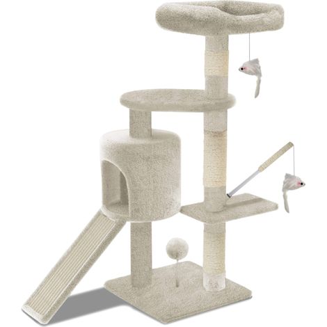 VOUNOT® Kratzbaum mit Kratzbrett Sisalseil für Katzen, Katzenbaum 115cm, Beige