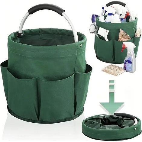 Vert Panier à Outils de Seau avec 6 Poches Extérieures, 17L Sac à Outils Jardinage Rond avec Poignée, Corbeille de Rangement en Tissu Oxford pour Stockage, Panier de Rangement Pliable (1/5)