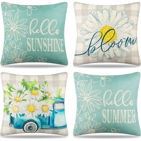 CCYKXA Housse Coussin 45x45 Lot de 4 Bleu Moderne Décoratif Lin Taie d'oreiller Été Printemps Fleurs Housses de Coussin Jardin Marguerites Housse Coussin pour Canapé Salon Chambre Chaise Maison Décora (1/5)
