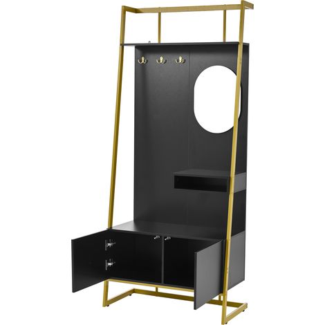 Mueble recibidor compacto negro con espejo, ganchos metálicos y zapatero con puertas (1/5)