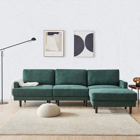 Modern L-shaped 3-seater fabric sofa with chaise longue 266 cm for reception area, office, or living room (emerald) (1/5)