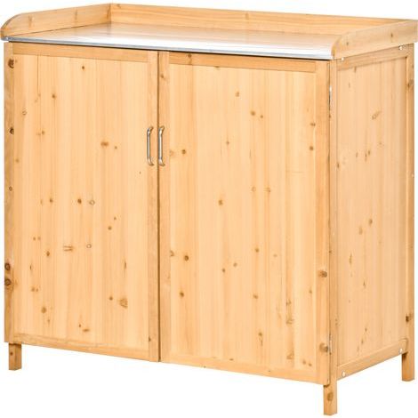 Outsunny 2-in-1 Freistehender Gartenschrank – Pflanztisch mit Doppeltür, Ablage, verzinkte Stahlplatte – Pflanztisch aus vorgeöltem Zedernholz (1/5)