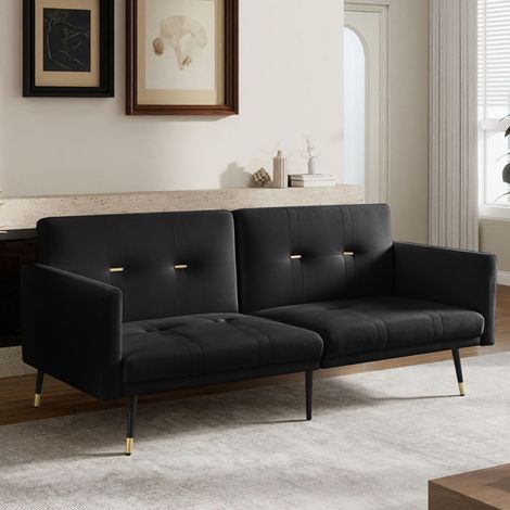 Canapé Convertible 2 Places en Velours - Clic Clac Banquette de Salon avec Dossier Inclinable Réglable, Pieds Robustes en Bois et Métal - Noir (1/5)
