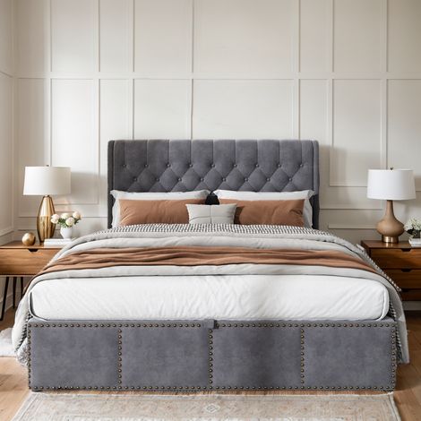 Pergar – Lit coffre 160x200 – Lit double capitonné en velours gris – Tête de lit douce – Coffre de rangement sous le lit – Sommier à lattes inclus (1/4)