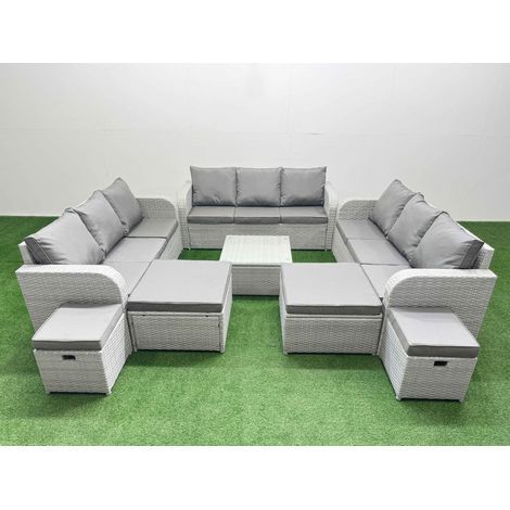 Fimous 13 Seater Outdoor Garden Furniture Set PE Rattan Lounge Sofa Set with Coffee Table 3 Seater Sofa 4 Footstools Light Grey (1/4)