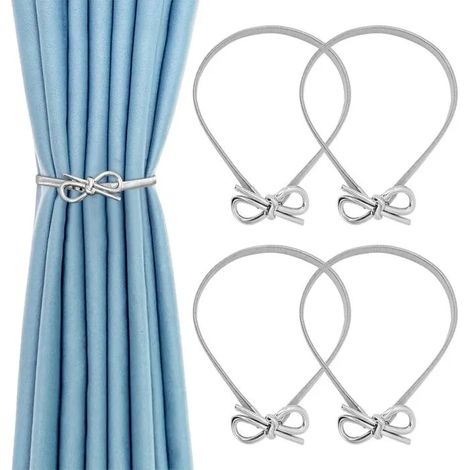 4 Pièces Embrasse pour Rideaux, Couleur Argent, Noeud Papillon, Porte-Rideaux élastique en alliage réglable, avec corde à r - Argent (1/5)