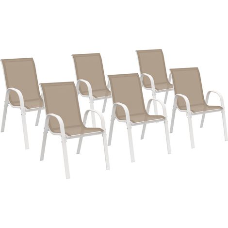Idmarket – Lot de 6 chaises de jardin empilables – Structure acier blanc – Assise textilène beige – Accoudoirs confortables – Dimensions 51,5x68x84cm