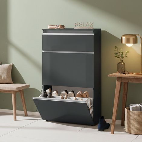 Dmora - Scarpiera Dlogarz, Mobile multiuso a 2 ante e 1 anta a ribalta, Portascarpe da ingresso, 100% Made in Italy, cm 60x27h108, Antracite lucido (1/5)