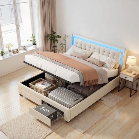 Lit coffre 160 x 200 cm, lit 160x200 avec sommier, lit double avec tiroirs, cadre de lit, avec port USB et LED, beige, velours (1/5)