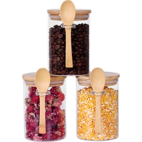 Ensemble de 3 bocaux en verre hermétiques pour la conservation des céréales et des fruits secs, avec couvercles et cuillères en bambou, modèle . (1/4)