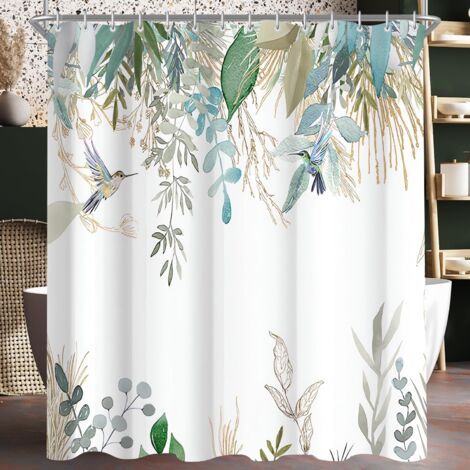 150 x 180 cm Rideau de douche - Feuilles bleues et dorées - Ourlet lesté - Anti-moisissure - Imperméable - Lavable - En polyester (1/5)