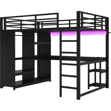 Metall-Hochbett 140x200 mit LED, Schreibtisch, offenem Schrank und Stauraum, schwarz MODENUIT (1/5)