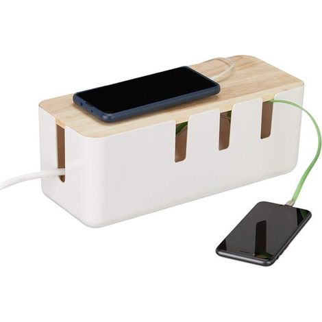 Scatola portaoggetti per prese elettriche, in plastica e legno, organizer per cavi, scatola portacavi, bianca (1/5)