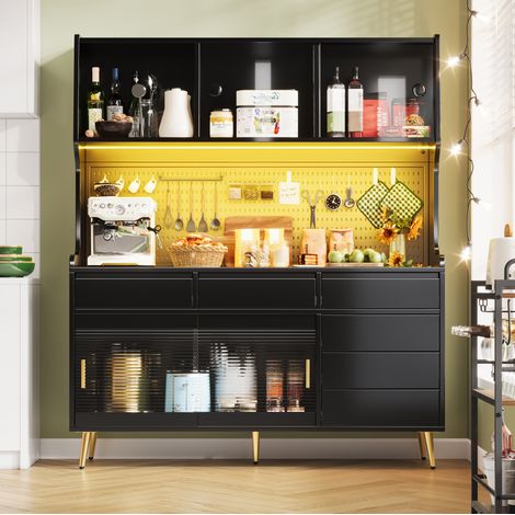 Hochschrank MDF/Glas schwarz 145 x 39 x 171 cm mit Schiebetüren, LED-Lichtleiste, Lochplatte und Metallbeinen (1/5)