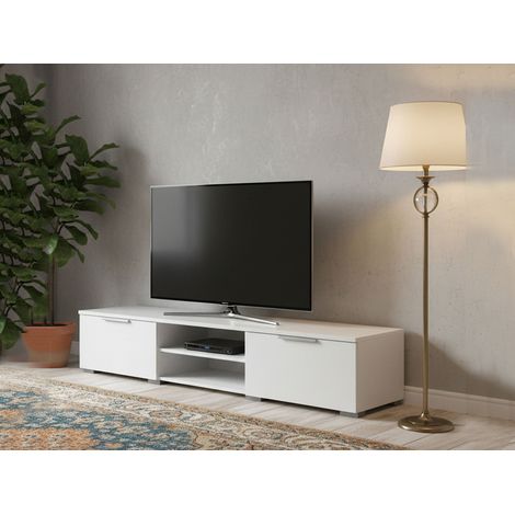 Dmora - Mobile porta TV Ammiro, Credenza da soggiorno, Armadio basso per TV, Base parete attrezzata, 173x40 h33 cm, Bianco lucido (1/5)