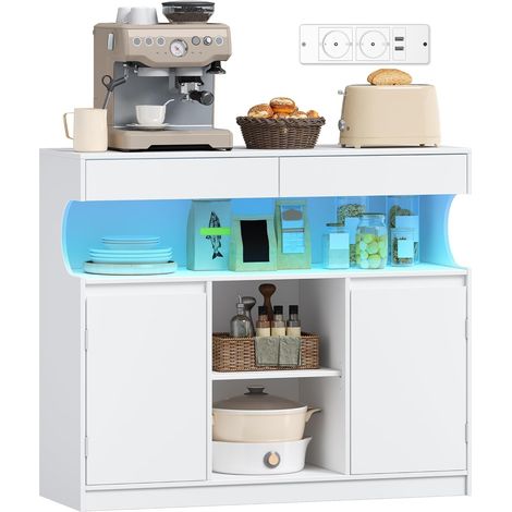 Buffet cuisine 100 cm avec multiprise et éclairage LED – 3 étagères réglables – Design moderne avec portes inclinées à 45° (1/5)