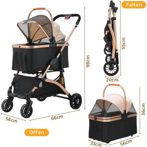 Passeggino per cani, cestino per animali domestici, cuccia per cani, borsa per il trasporto di animali domestici, pieghevole, fino a 20 kg (Champagne) (1/5)