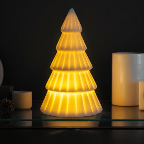 LED Porzellan Weihnachtsbaum matt weiß batteriebetrieben - 16 cm - Keramik Deko Tannenbaum warmweiß beleuchtet zum Hinstellen
