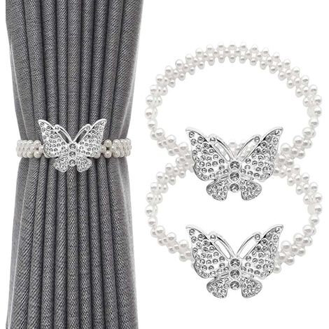 Lot de 2 Attache Rideau en Réglables avec Fil à Ressort, Attaches Rideaux avec Butterfly et Perles, Pas de Forage(Argent) (1/5)