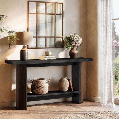 Tribesigns Mesa de Consola, Mesa de Entrada Moderna de 140 cm, Consola Recibidor Angosta para Sofá, Consola Madera con 2 Estantes para Pasillos, Entrada o Sala, Marrón (1/5)