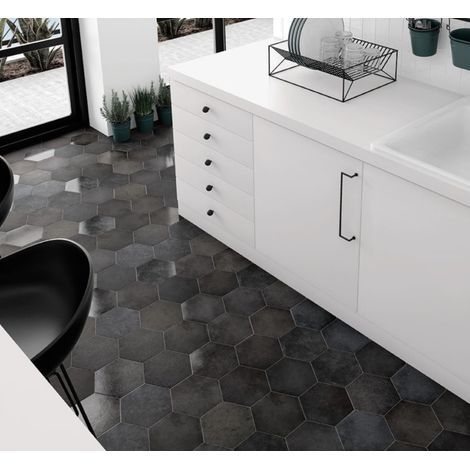 Apavisa – Carrelage hexagonal effet rustique 20x17.5cm – Gris anthracite – Finition mat et brillant – Pour sol et mur intérieur (1/2)