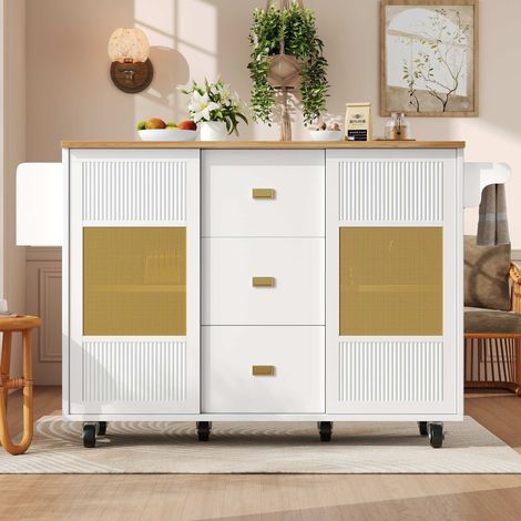Îlot de cuisine blanc 146,85 x 70 x 90 cm avec rangements, table rabattable, 3 tiroirs, roulettes, porte-serviettes et porte-épices (1/5)