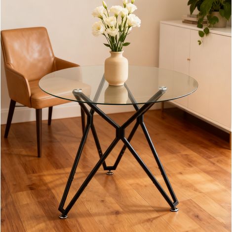 DESMIU Table de salle à manger ronde 1 à 4 personnes avec pieds métalliques, pour salle à manger, en verre, noir, 90 cm (1/5)