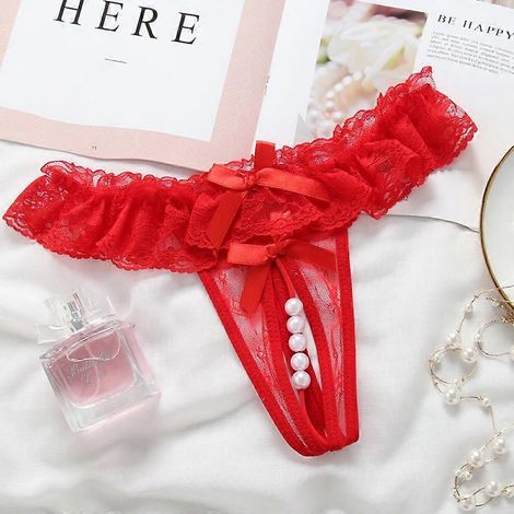 Culotte sexy pour femme SAYTAY, string en dentelle avec perles (rouge) (1/5)