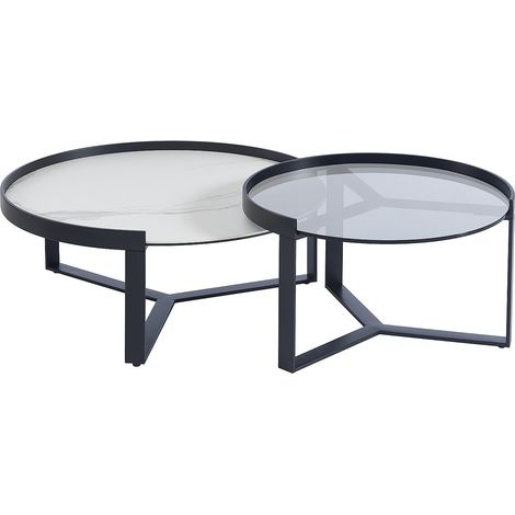 Tavolino a scomparsa in Vetro temperato fumé, Ceramica e Metallo Effetto marmo Bianco e Nero - ZERILA
