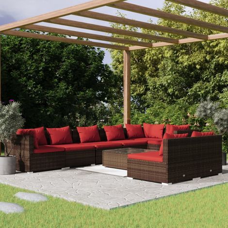 9-tlg. Garten-Lounge-Set mit Kissen Braun Poly Rattan (1/5)
