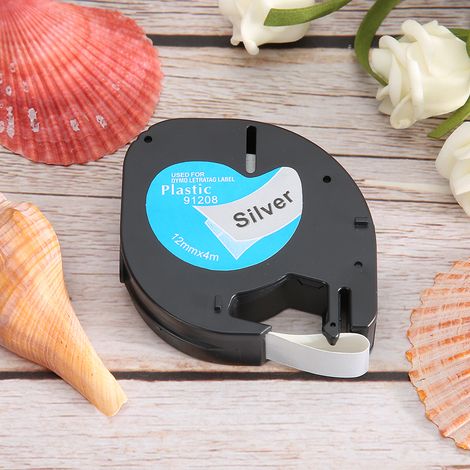 Compatible avec les rubans d'étiquettes Dymo, Easy Sticker, étiquettes autocollantes Delta, fond argenté 12 mm avec lettrage noir (1/5)