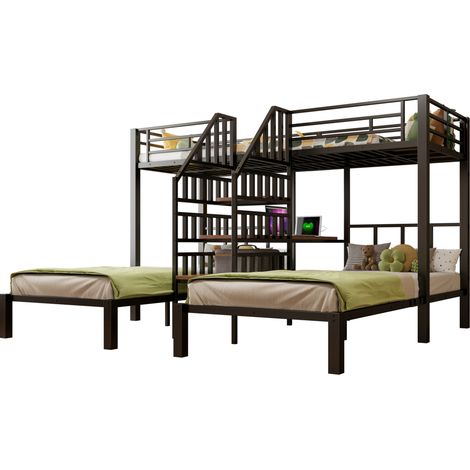 Lit superposé métal et MDF noir 90x200 cm avec LED, escalier rangement, bureau, étagère, USB + prise (1/5)