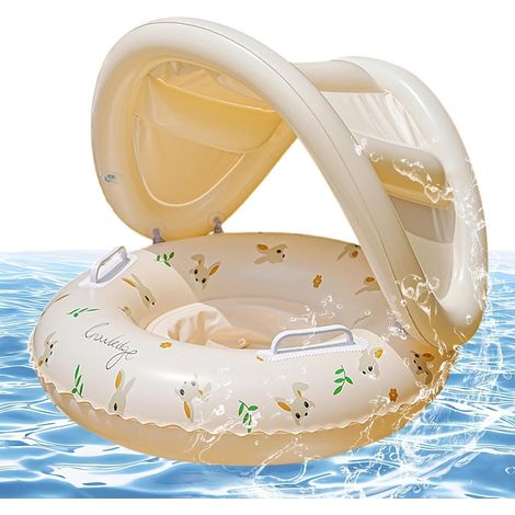 Bouee Bebe Flottant avec Parasol,Bouee Bebe avec Pare So-LEIL Anti UV,55x52cm Bouees Bebes avec Pare So-LEIL Beige, Flotteur De Natation Gonflable pour Bébé avec Support Inférieur pour Bébé De 6 À 24 (1/5)