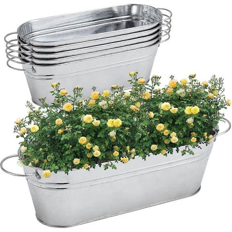 Lot de 2 pots de fleurs ovales galvanisés, seaux avec poignée, pots de fleurs en métal (1/5)