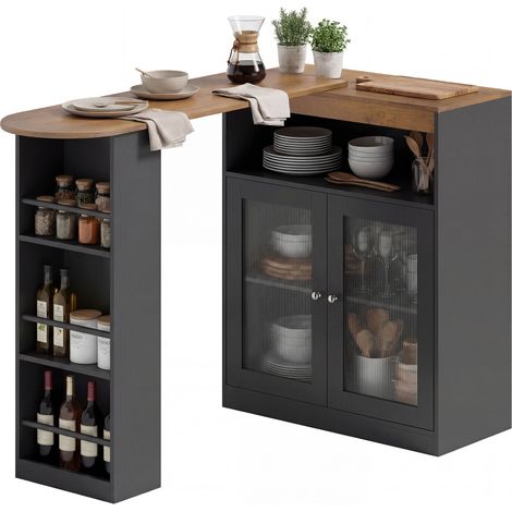 Table bar extensible giratoire 90° avec étagères et portes vitrées 150x80x105,5 cm Noir et Naturel
