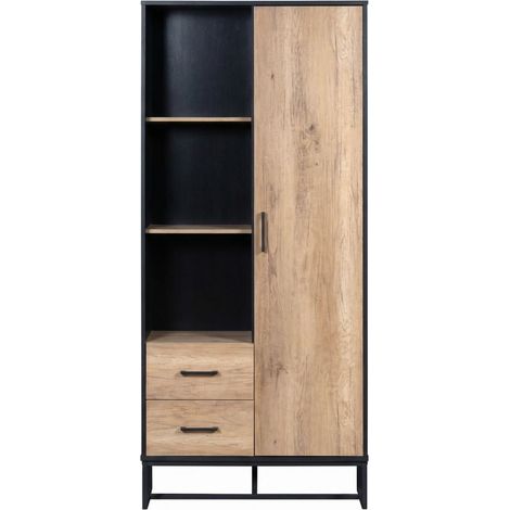 Hoher Schrank 80 x 40 x 180 cm aus MDF, Schwarz und Holzoptik, 1 Tür, 2 Schubladen (1/5)