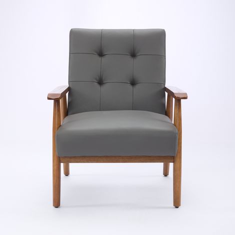 ELVMI Poltrona da salotto con Schienale Capitonné e Braccioli in Legno, in Pelle Grigia, 68.0 x 57.0 x 44.0 cm (1/5)