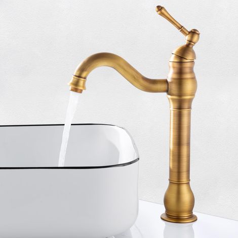 Robinet Salle de Bain Rétro Laiton Haut, Antique Mitigeur Lavabo Vasque avec bec Hauteur 230 mm, Pivotant à 360°Mitigeur Vasque Salle de Bain, Robinet Lave Main Chaude et Froide, G3/8 (1/5)