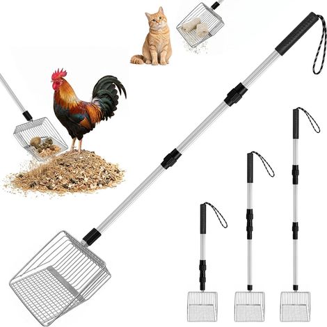 3 in 1 Chicken Coop Accessories, 56/80/108 cm Adjustable Sieve Scoop, Cat Litter Scoop, Chicken Accessory for Separating Waste and Sand Debris, Chicken Litter (Silver) (1/5)