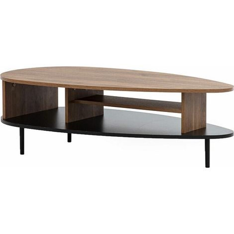 Mobilier1 – Table basse ovale stratifiée 37x63x120cm – Métal noir et chêne foncé – Bords protégés ABS pour durabilité accrue