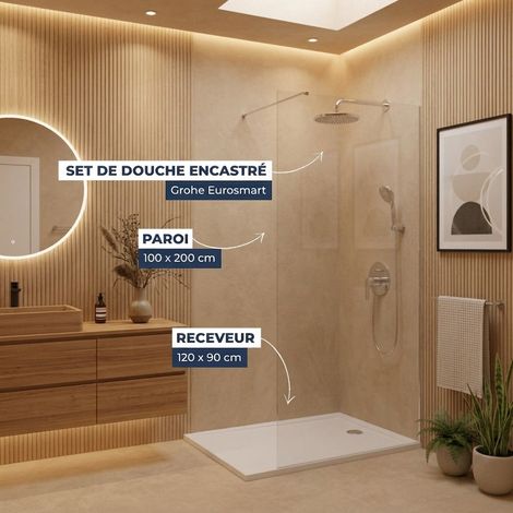 Pack de ducha COMPLETO – Mampara Walk-In 100x200 cromo + set empotrado Grohe Eurosmart 2 chorros + plato mármol 120x90 (1/5)