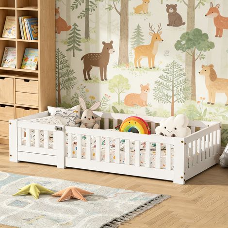 Lit Enfant 80x160cm, Lit au Sol Enfant avec Panneau de Porte Amovible,Barrières de Sécurité,Lit Bas Montessori avec Sommier,Lit 1 Place,Blanc (1/5)