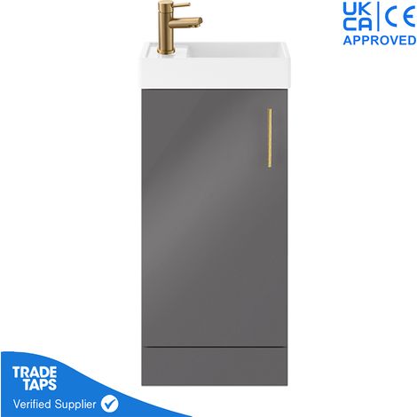 Grey Gloss Floor Standing Vanity Unit 400mm with Brushed Brass Tap, Waste & Handle (1/5)